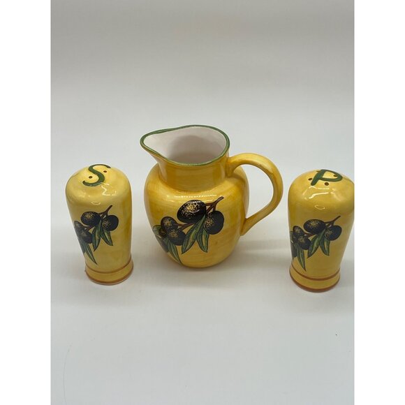 Small Ceramic Yellow Pitcher w/Olive Branches and Salt & Pepper Shakers, Unused - Picture 2 of 4